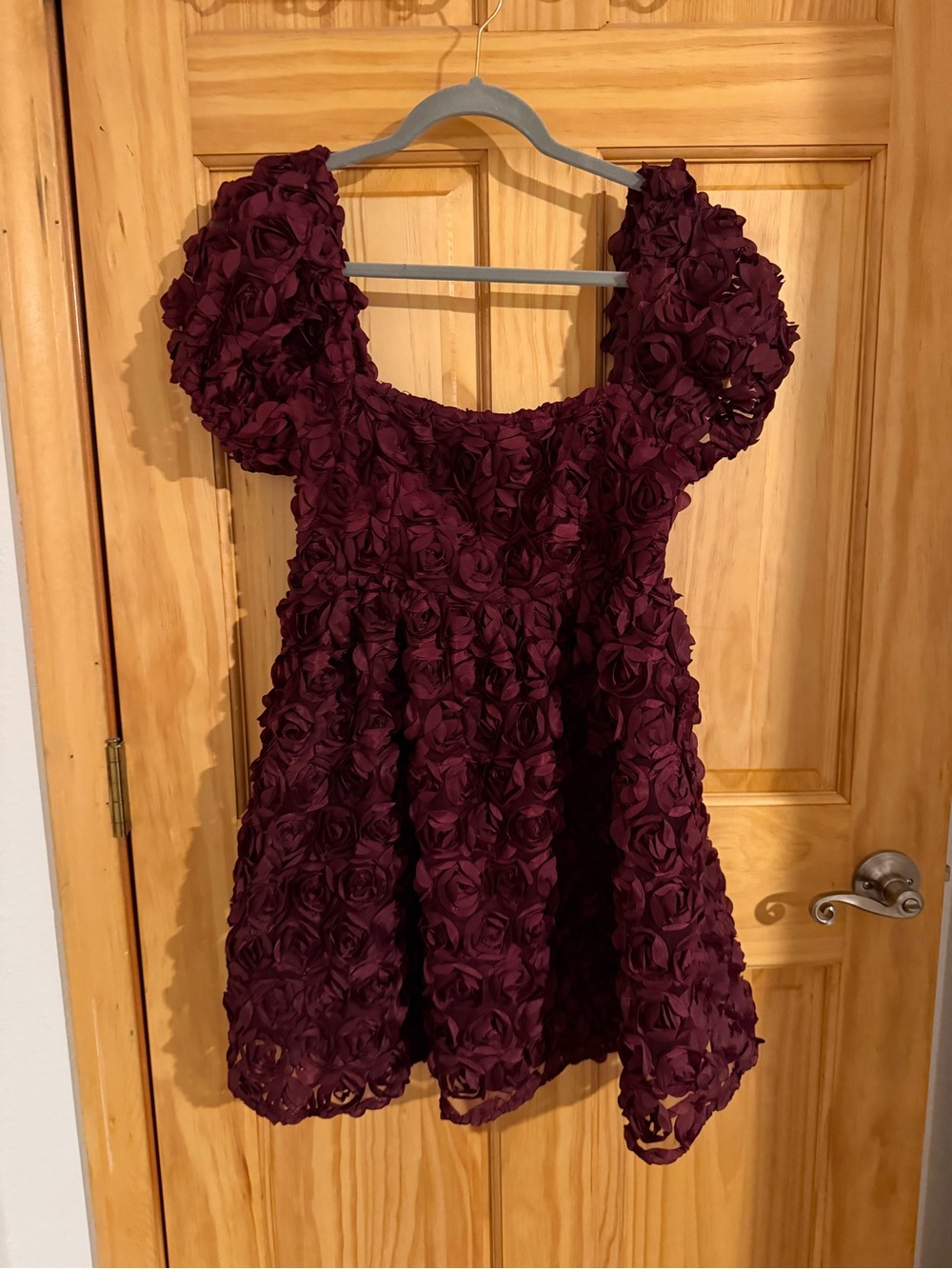 Altar'd State Girls Wine Floral Rosette Puff Sleeve Dress